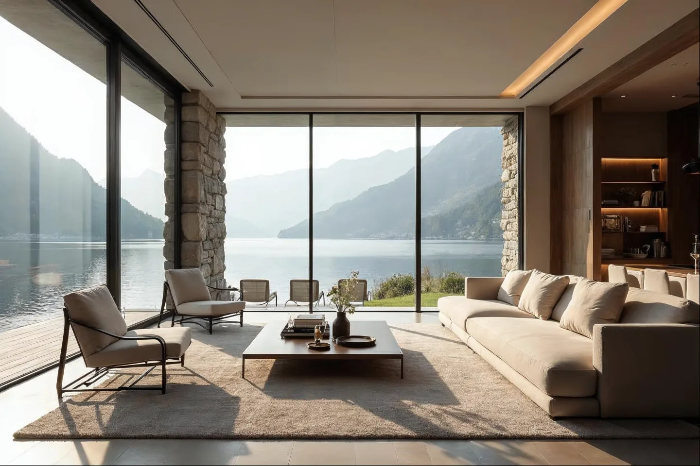 Intérieur lumineux avec vue sur le paysage suisse